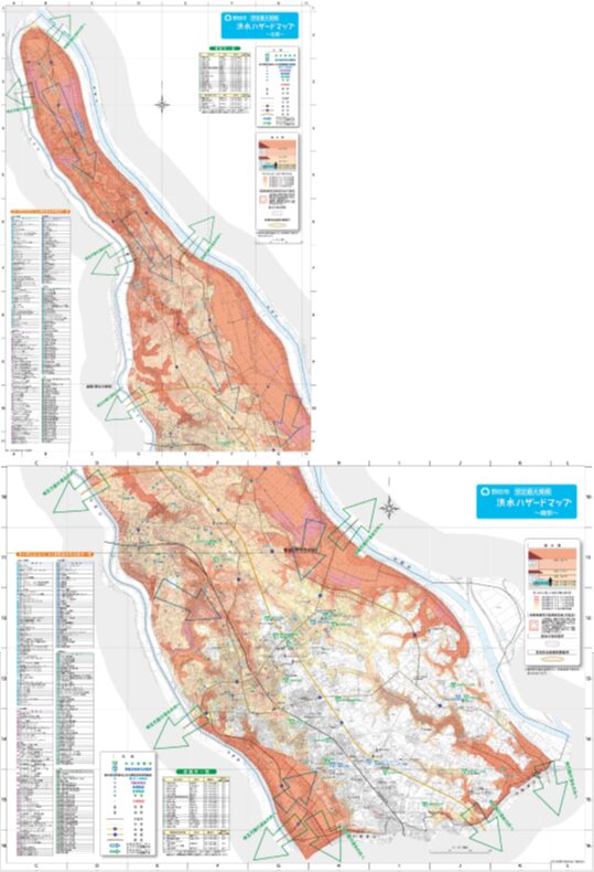 野田市の北部と南部の洪水ハザードマップ。