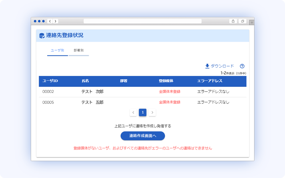 連絡先を未登録のユーザーを一覧表示し、未登録者に一括で登録依頼を送信できる連絡先登録状況管理画面