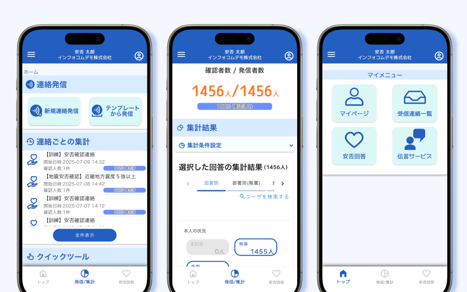 スマートフォンアプリから安否回答や集計結果を確認できる、Emergency Callのスマートデバイス向け画面イメージ