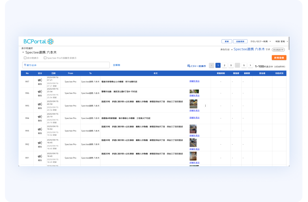 BCPortalのクロノロジー機能とSpectee Proを連携し、自社拠点に関する外部危機情報をタイムラインに一覧表示して社内情報とあわせて状況把握している画面イメージ